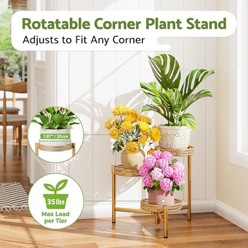 Metal Plant Stand Indoor Outdoor, 3 Tier Corner Plant Shelf for Multiple Plants, Gold Tiered Plant Stand, Heavy Duty Flower Holder, Folding Tall Rack for Garden Patio Balcony - GoldWave - Image 2