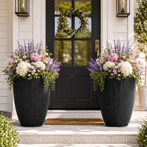19" Black Concrete-Look Resin Tall Planters with Fluted Texture by Ultym