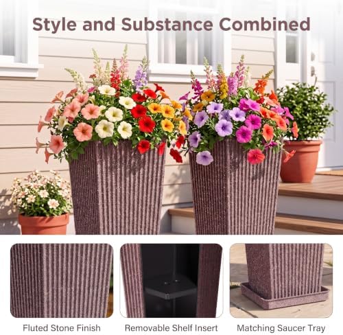 24" Tapered Tall Planters for Outdoor Plants with Tray&Shelf, Brown - Image 3