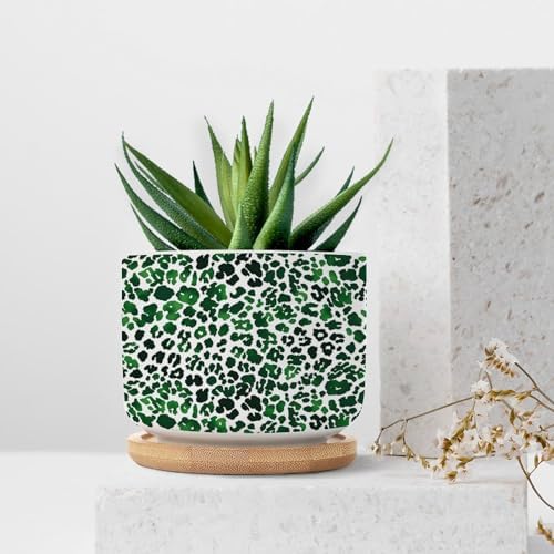 Leopard Green Planters Ceramic Green African Tribal Round Flower Pot with Drainage Holes and Bamboo Tray Pot for Succulents Cactus Garden Windowsill - Image 7