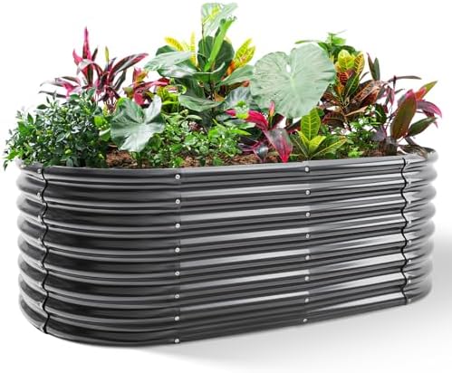 Land Guard Galvanized Planter Raised Beds, 6×3×2ft Galvanized Water Trough, Keyhole Raised Garden Bed Metal (Dark Gray) by LandGuard