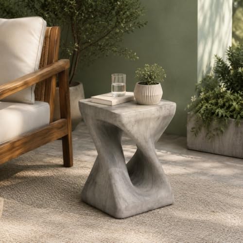 IRONORA Concrete Look Twisted Hollow Pedestal Side Table, Hourglass Sculpture Accent End Table, Weather Resistant Decor Plant Stand for Living Room Covered Patio Wabi Sabi Industrial Decor by Unknown