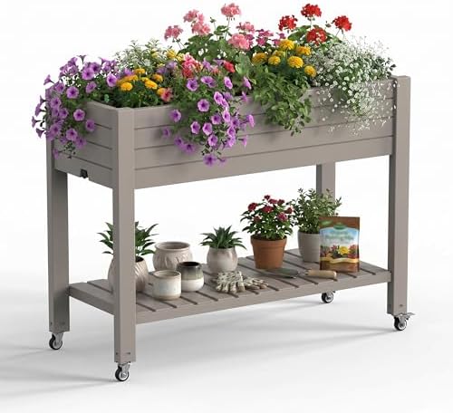 Outdoor Patio Raised Garden Bed Elevated Planter Box Resin Plant Stand Gardening with Storage Shelf Legs Wheels Drainage Water Gauge Light Brown by GYMHILL