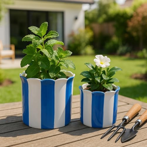 Decorative Striped Scallop Edge Planters Accent - Cute Flower Pots Ideal for Indoor or Outdoor Plant - Whimsical Garden, Home Decor, and Living Room Pots for Plants - Set of 2, 7", 6", Blue & White - Image 2