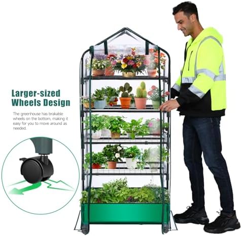 5 Tier Mini Greenhouse with Wheels for Indoor Outdoor, Portable Green House with PVC Cover and Shelves for Seedling, Greenhouse with Waterproof Mat and Cover Tape, Gardening Gifts for Women Men - Image 2