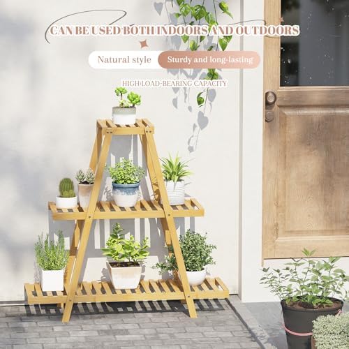 STDDRE Plant Stand For Indoor Outdoor Tiered Plant Shelf 3 Tier 8 Potted Bamboo Flower Holder Ladder Rack For Multiple Triangle Table Plant Pot Stand (Natural) - Image 2