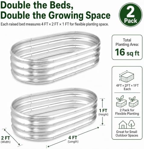 HOOPLE 2 Pack Raised Garden Bed 4x2x1FT, Galvanized Metal Raised Garden Bed Outdoor, Oval Design with Open Base for Better Drainage, Compact Garden Bed for Vegetables, Herbs & Flowers - Image 3