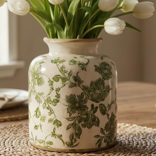 Vintage Green Crackle Glaze Ceramic Flower Vase, 6” Small Rustic Pottery Decorative Botanical Vase with Distressed Beige Rim French Country Farmhouse Cottage Tabletop & Mantel Home Decor by SincereLuxe
