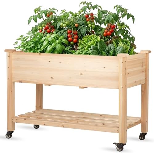 Raised Garden Bed with Lockable Wheels, 48x24x32 inch Elevated Wood Planter with Storage Shelf Protective Liner for Vegetable Flower Herb Outdoor Balcony Patio Backyard, Natural by NatureCrafted