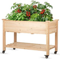 Raised Garden Bed with Lockable Wheels, 48x24x32 inch Elevated Wood Planter with Storage Shelf Protective Liner for Vegetable Flower Herb Outdoor Balcony Patio Backyard, Natural by NatureCrafted