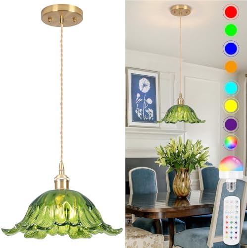 Battery Operated Pendant Light,Green Chandelier 2500mAh RGB Light Bulb 11in Vintage Light Fixtures with Remote Control Wireless Adjustable Rechargeable Chandelier for Kitchen Island Hallway 1Light by Loiogohot