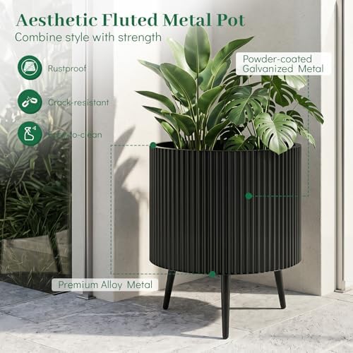 GIANTEX 20 Inch Plant Pot w/Stand Set 2, Mid-Century Modern Fluted Planter - Image 5