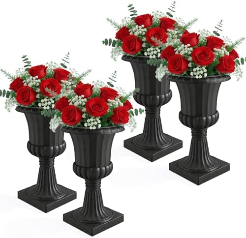 Large Classic Urn Planters 2 Pack, 12 Inch 19.6" Tall Plastic Flower Pots, Vintage Decorative Planter for Outdoor Indoor Patio Porch Entryway Garden Wedding (Black, 4 Pcs) - Image 6