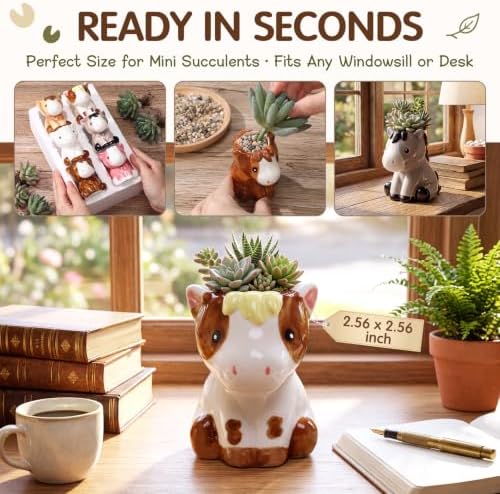 Mumufy 6 Pack Small Succulent Pots with Drainage Holes Horse Ceramic Pot - Image 2