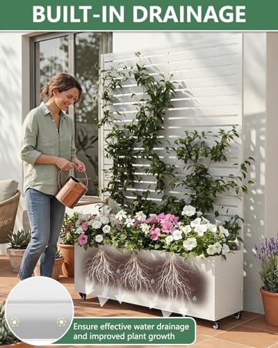 Metal Planter Box with Trellis,70.9"x47.2"x15.7" Raised Garden Bed with Drainage Holes, Privacy Planters for Outdoor Garden Bed for Climbing Plants,Vegetables,and Vines, White-louvered - Image 6