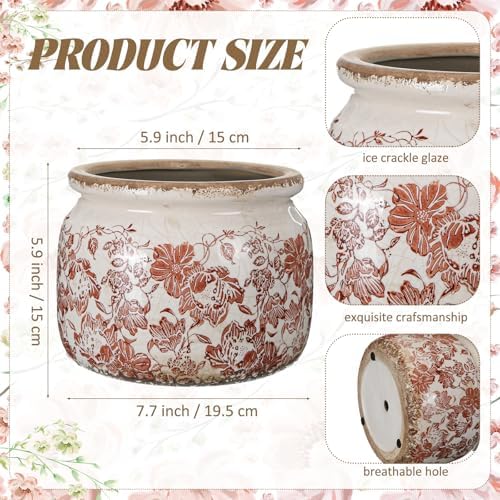 7.7" Large Ceramic Plant Pot Beige Brown Vintage Peony Crackle Glaze Rustic Flowers Pot Decorative Planter with Drainage for Indoor Outdoor Plants Home Kitchen Office Decor Gift - Image 2