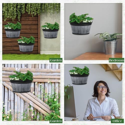 12 Pcs Wall Hanging Planters Outdoor Wine Barrel Planter Distressed Oak Thickened Plastic Water Storage Flower Pots for Plants Flower Indoor Outdoor Railing Fence (Black,10 Inch) - Image 3