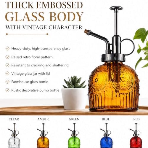 Vintage Glass Spray Bottle with Metal Pump – Retro Embossed Plant Mister, Thick Clear Glass Water Sprayer for Indoor Plants & Home Decor, Refillable Fine Mist Sprayer (3PCS) - Image 7