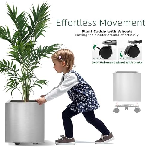 11.81" Square Planter,Plant Pots with Wheels, Large Stainless Steel Flower Pots with Caddy for Home Patio & Garden, Heavy-Duty, Weather-Resistant, Easy-Move, Indoor & Outdoor Use - Image 5