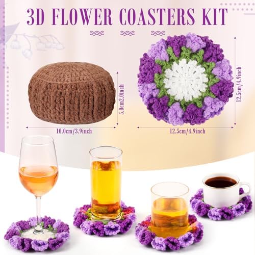HunnmingRe 15 Pcs 3D Cute Crochet Flower Coasters Set, Spring Summer Floral Table Coasters with Plant Pot Holder, Soft Decorative Cup Mat, Housewarming Gift(Purple,Lily of the Valley​) - Image 3