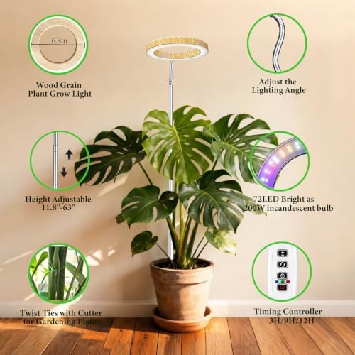Grow Lights for Indoor Plants Full Spectrum,6.3" LED Wood Grain Plant Grow Light,9.8-65in Height Adjustable Plant Lights Growing Lamp with Auto Timers 3H/9H/12H,10 Dimmable Levels (Wood Grain 2 Pack) - Image 4