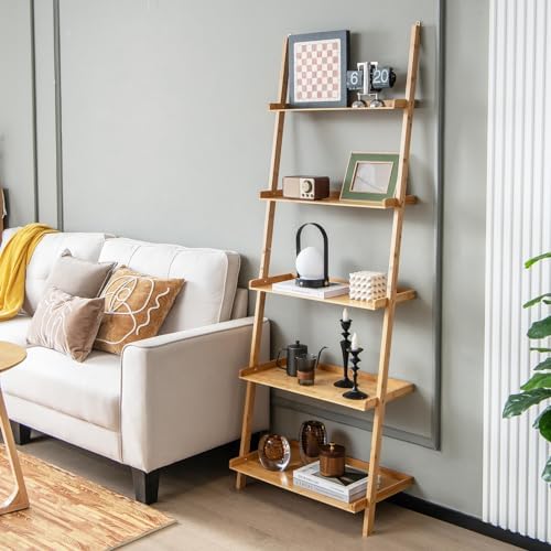 Tangkula 5-Tier Ladder Shelf Bookcase, Bamboo, 72”H, Natural - Image 4