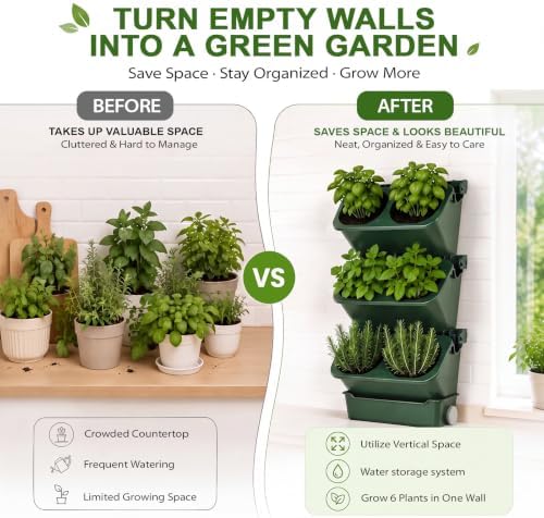 Briwooody 3 Set 6 Pocket Vertical Stackable Wall Planters Kit Outdoor Self Watering Plastic Planter Grow Hang Mount System for Strawberry Flower Vegetable Home Fence Balcony Wall Decor - Image 3