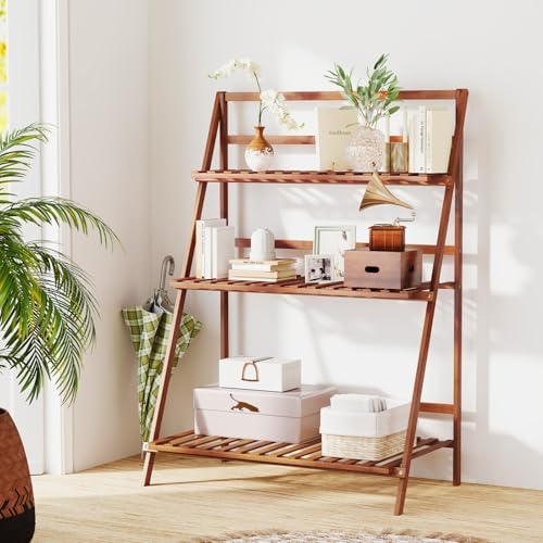 GIANTEX Foldable Bamboo Ladder Plant Stand, 3 Tier Plant Shelf, Brown - Image 7