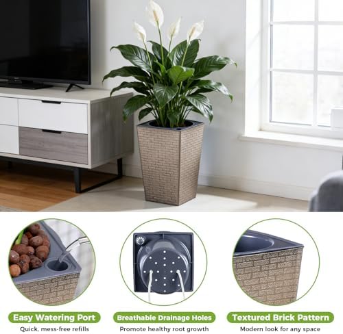 Self Watering Pots for Indoor Plants, 2 Pack Flower Pots Self Watering Planter 10.7" x 6.9" Plastic Pots African Violet Wick and Grow Pots Tall Orchid pots Square Large Plant Pots, Bronze - Image 5