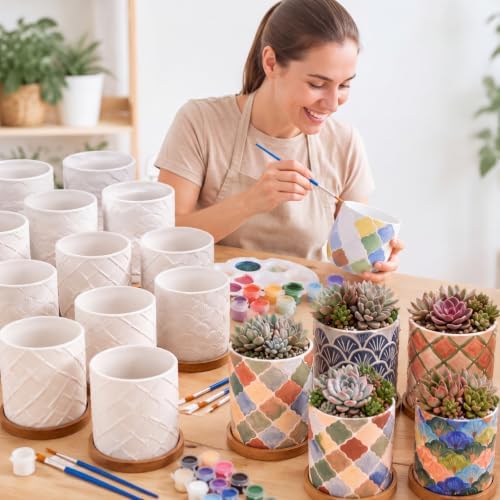 12 Pcs 3.5 Inch Mini Ceramic Succulent Pots with Bamboo Tray DIY Ready to Paint Unpainted Flower Pot Bulk Color Your Own Bisque White Vase Drainage Hole for Plant Lover Family Craft Gift by RimCereal