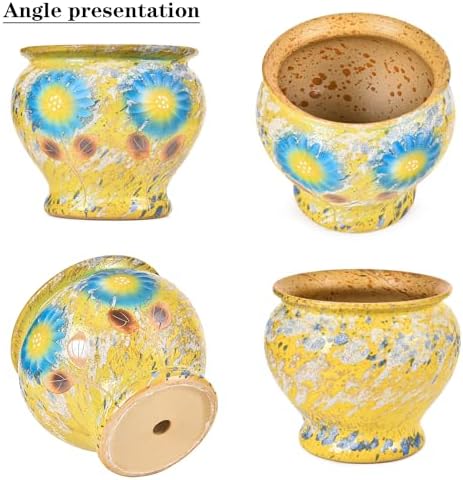 Sungmor 9 Inch Hand Painted Ceramic Succulent Plant Pots - Yellow & Daisy - Image 3