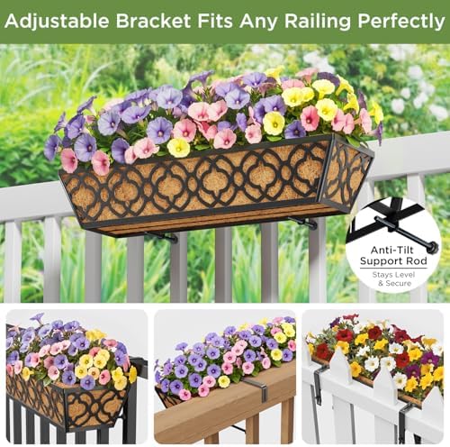 Y&M Deck Railing Planter Boxes, Adjustable Balcony Planter for Outdoor Plants, Metal Railing Planter Box for Deck, Fence and Porch, Window Boxes Outdoor, Sturdy Hanging Planter-24inch 6pcs - Image 2