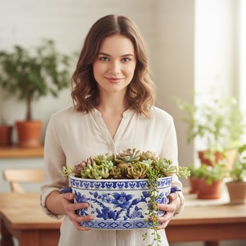 Blue and White Ceramic Planter Pot – Vintage Floral Oval Cachepot Vase for Indoor Plants, Flowers & Succulents – Glazed Chinese Porcelain Style Decorative Bowl –10.6" Size – No Drainage - Image 6