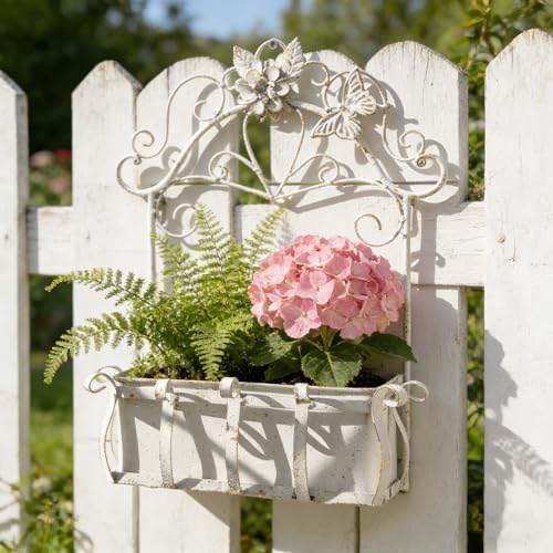 Rustic Metal Wall Planter Vintage Wall Mounted Flower Pot Farmhouse Distressed Wall Hanging Plant Basket with Floral & Butterfly Decor for Indoor Outdoor Garden Home Yard (White#2) - Image 4