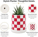 Checkered Ceramic Planter Pot with Drainage Hole and Saucer, Black and White Planters Decor,Indoor Cylinder Round Planter Pot (Red, Medium) - Image 4