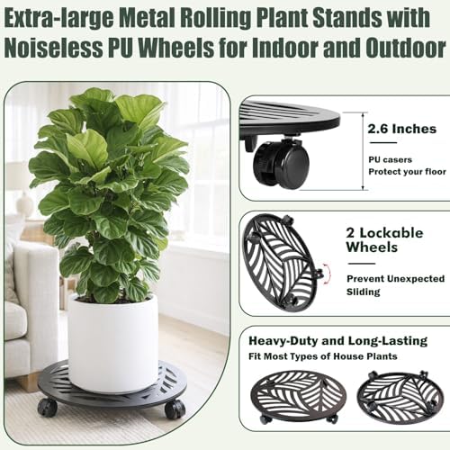 2 Packs 16" Extra-Large Metal Plant Caddy with Wheels Heavy-Duty Iron Rolling Wheeled Plant Stands Indoor Outdoor Wheeled Plant Dolly Coaster Planter Mover Rollers Base, Leaf Style - Image 2