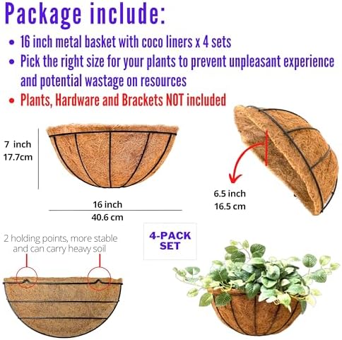 LaLaGreen Hanging Wall Planters (16 in, 4 Pack) Coco Liner Flower Pots - Image 2