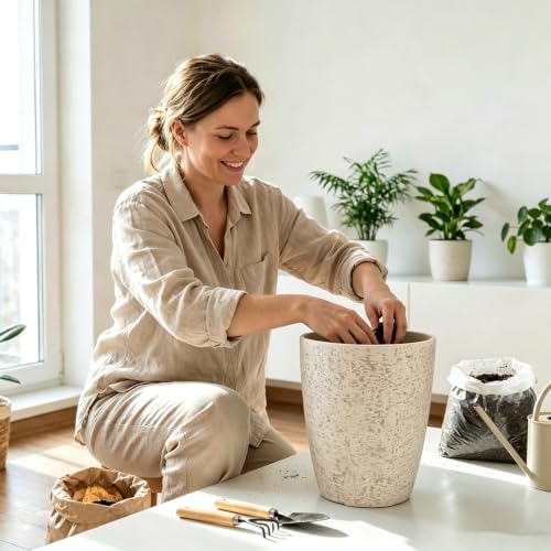 10 inch Garden Planter Lightweight Indoor Outdoor Pots with Drainage Hole for Potted Plants Flowers Greenery, Set of 2 (Beige Grain Texture) - Image 4