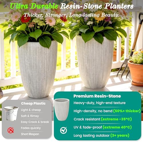 19" Mediterranean Beige Resin Tall Planters with Fluted Texture - Image 2