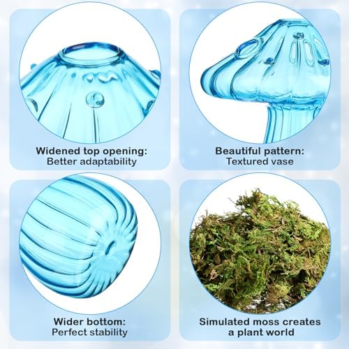 7 Pcs Glass Mushroom Vase Propagation Station with Hydroponic Plant and Artificial Fake Moss 6 Colored Plant Vase Table Centerpiece Decor for Forest Birthday Wedding Party Decoration (Blue) - Image 5