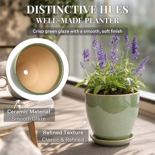 10 Inch Ceramic Planter with Drainage Hole Saucer(Crisp Green) - Image 3