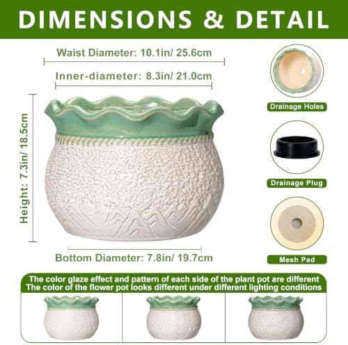10 Inch Planter, Ceramic Indoor Plant Pots, White-Green - Image 2