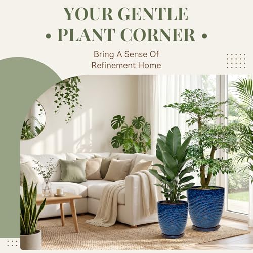 9.5 Inch Modern Ceramic Plant Pot with Saucer, Flower Pot with Drainage Hole Mesh Net,Indoor Outdoor Planter (Speckle Blue) - Image 2