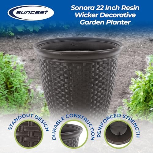 Suncast 2 Pack Sonora 22 Inch Plastic Wicker Indoor or Outdoor Decorative Garden Flower Planter for Entryways, Porch, and Backyard Patios, Dark Brown - Image 2