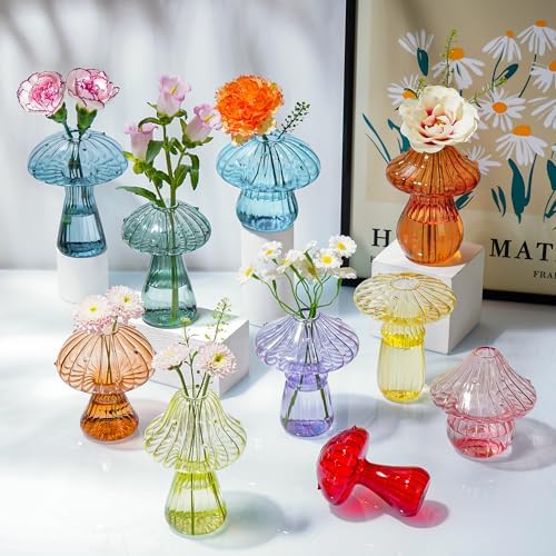 Plant Propagation Station, Set of 10 Colored Glass Mushroom Vase - Image 7