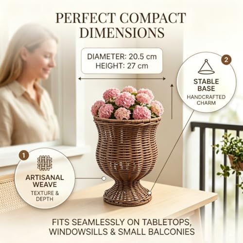 Goblet Urn Shape Wicker Planter,Rattan Woven Plant Basket, Rustic Flower Vase, Rattan Urn Vases & Planters Pot for Boho Home Outdoor Plants Décor (2PCS) - Image 5