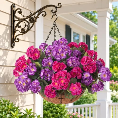 INSPRING Geraniums Artificial Flowers Hanging Basket for Outdoors Outside Decoration, 8 Bundles Silk Flowers Fake Plants Look Real UV Resistant for Porch Home Patio Balcony Yard, Purple Fuchsia - Image 2