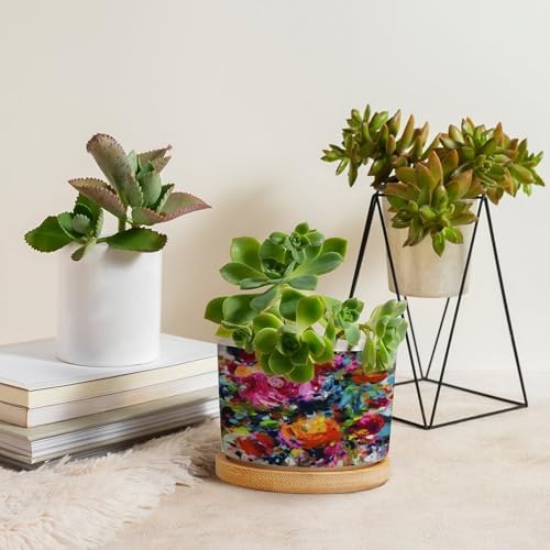 Bright Floral Pink Rose Dorm Planter Ceramic Blooms Flower Painting Round Plant Pots with Drainage Holes and Bamboo Tray Pot for Succulents Cactus Garden Windowsill - Image 4