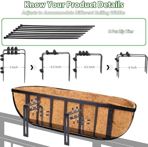 LCHUANG Railing Planter Window Box - 2 Pack 30 Inch Deck Balcony Rail Planter with Coconut Coir Liner, Fence Metal Hanging Flower Planter Basket Deck Railing Planter Boxes for Outdoor Garden - Image 4