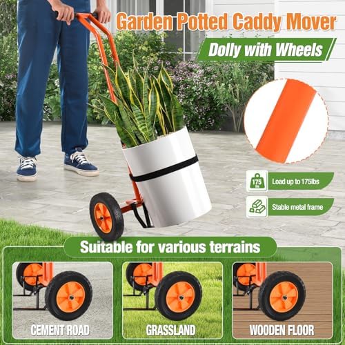 Plant Caddy with Wheels, Heavy Duty Plant Mover Cart with Adjustable Grabbing Arm and Strap, 175 LBS T-Handle Plant Dolly with Suction Cups for Plant Pots Garden Pot Trolley Indoor Outdoor Use, Orange - Image 2